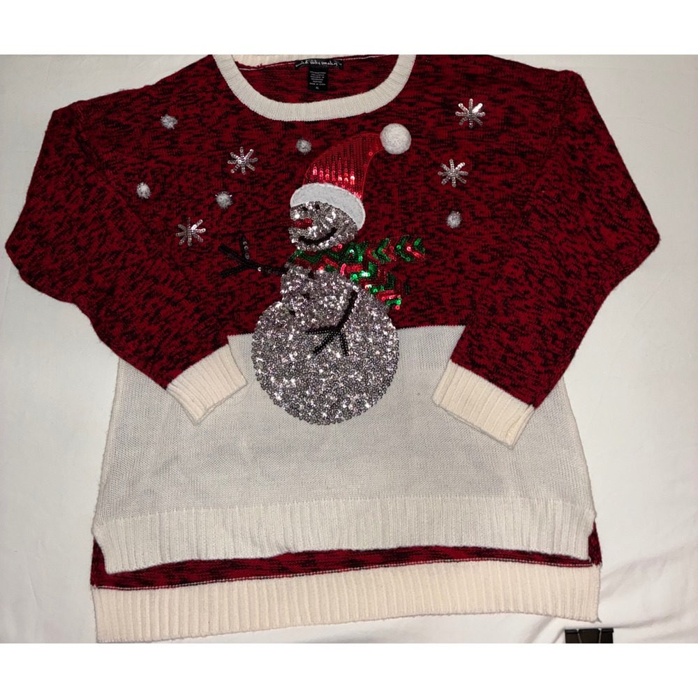 United States Sweaters Holiday Snowman Sequin Christmas Sweater Red White XL